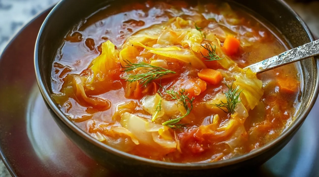 Bowl of low-calorie cabbage fat burning soup with fresh ingredients