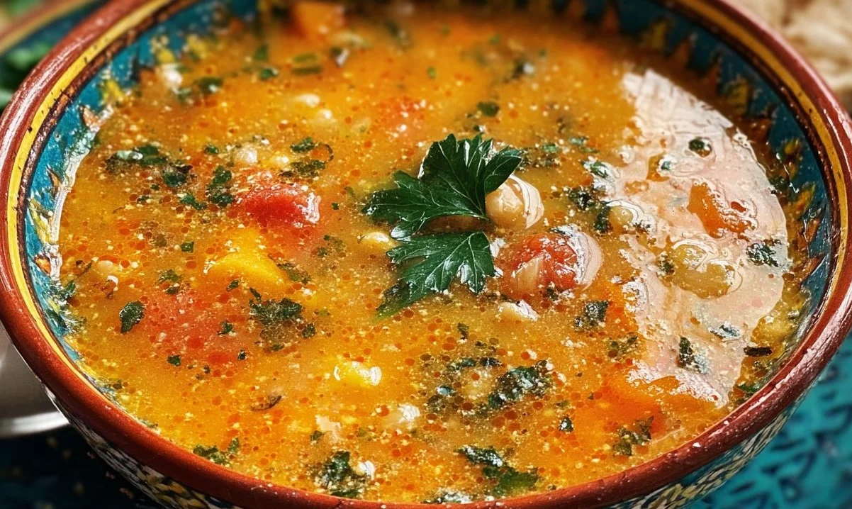 Bowl of delicious, steaming Mediterranean Soup with fresh vegetables and herbs