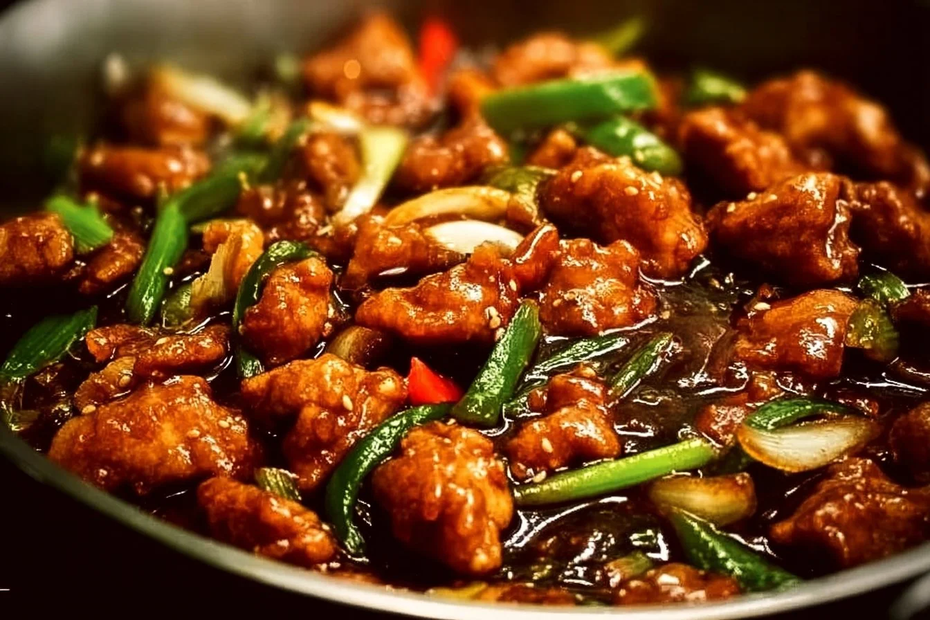 Delicious plate of Mongolian Chicken served with vegetables and sauce