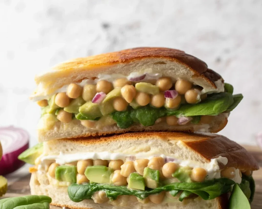 Delicious Chickpea & Avocado Sandwich on whole grain bread with fresh ingredients.