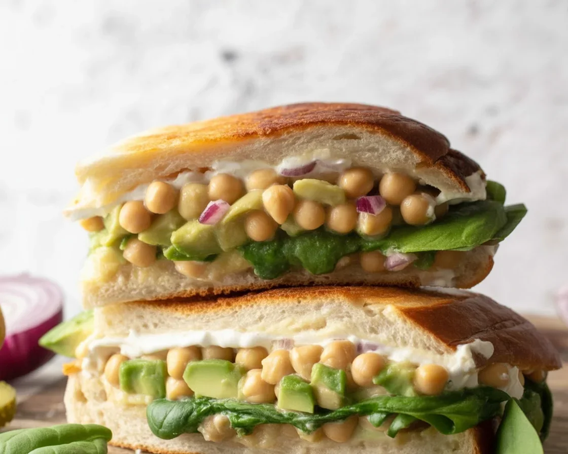 Delicious Chickpea & Avocado Sandwich on whole grain bread with fresh ingredients.