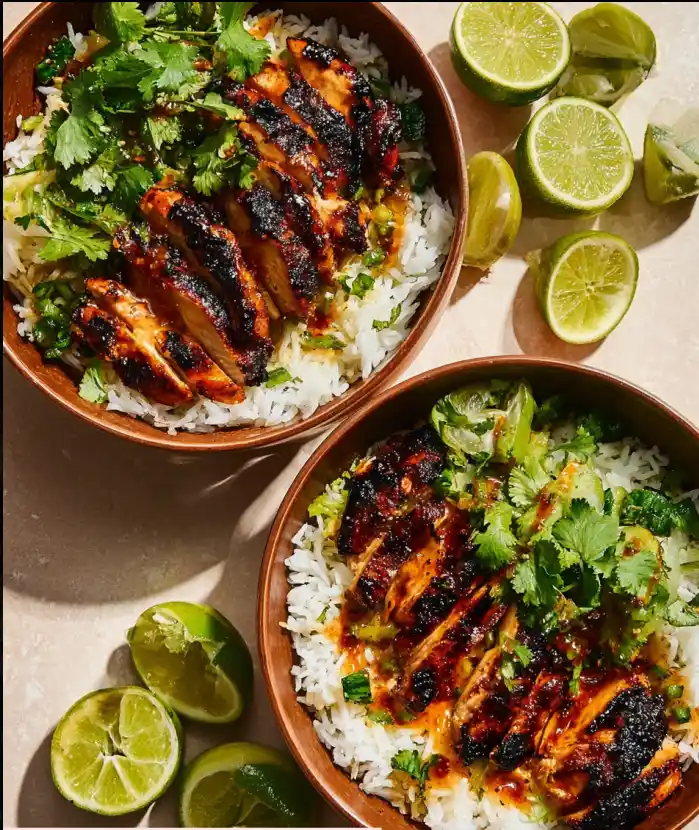 Sweet Chili Chicken Bowl with Coconut Lime Drizzle served in a bowl.