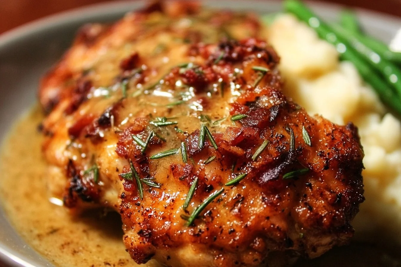 Delicious smothered chicken served with creamy gravy and vegetables