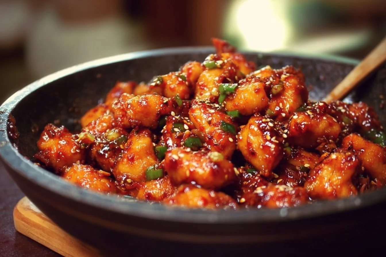 Delicious spicy chicken dish garnished with herbs and spices.