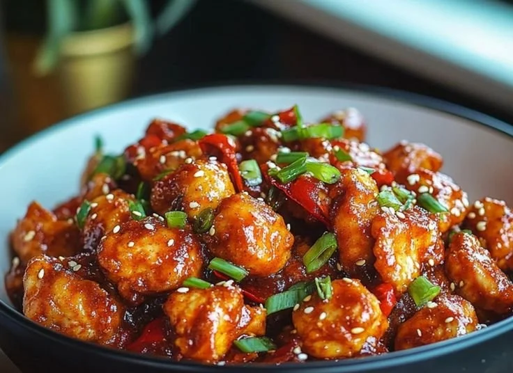 Deliciously spicy chicken dish garnished with fresh herbs and spices.