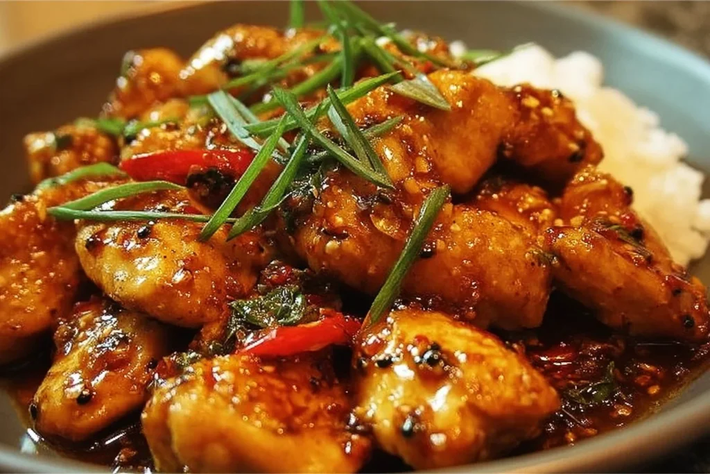 Plate of spicy garlic chicken garnished with fresh herbs and served with rice