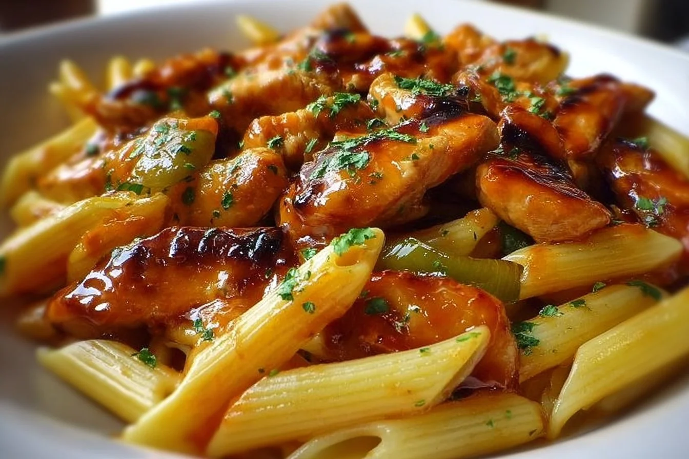 Plate of Tangy Honey BBQ Chicken Penne topped with herbs and sauce