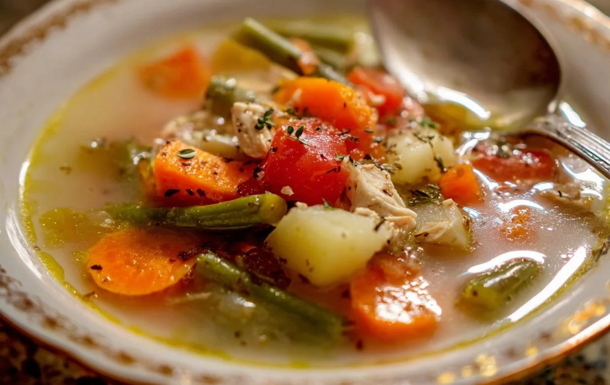 Bowl of homemade Turkey Vegetable Soup with colorful vegetables and turkey pieces