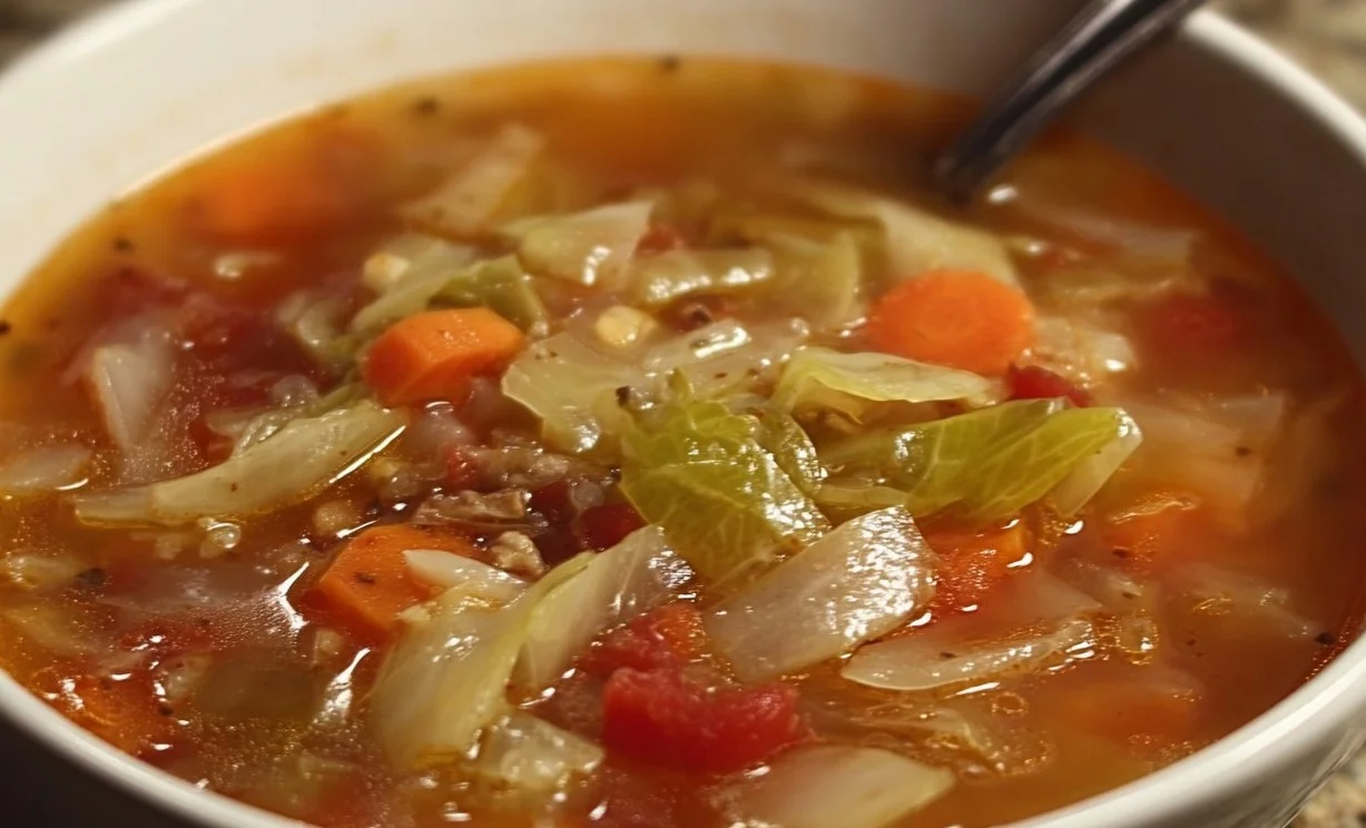 A bowl of healthy Weight Watchers Cabbage Soup with fresh vegetables