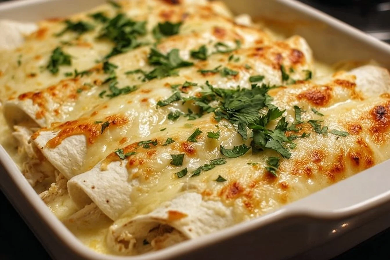 Plate of white chicken enchiladas topped with creamy sauce and garnished with cilantro