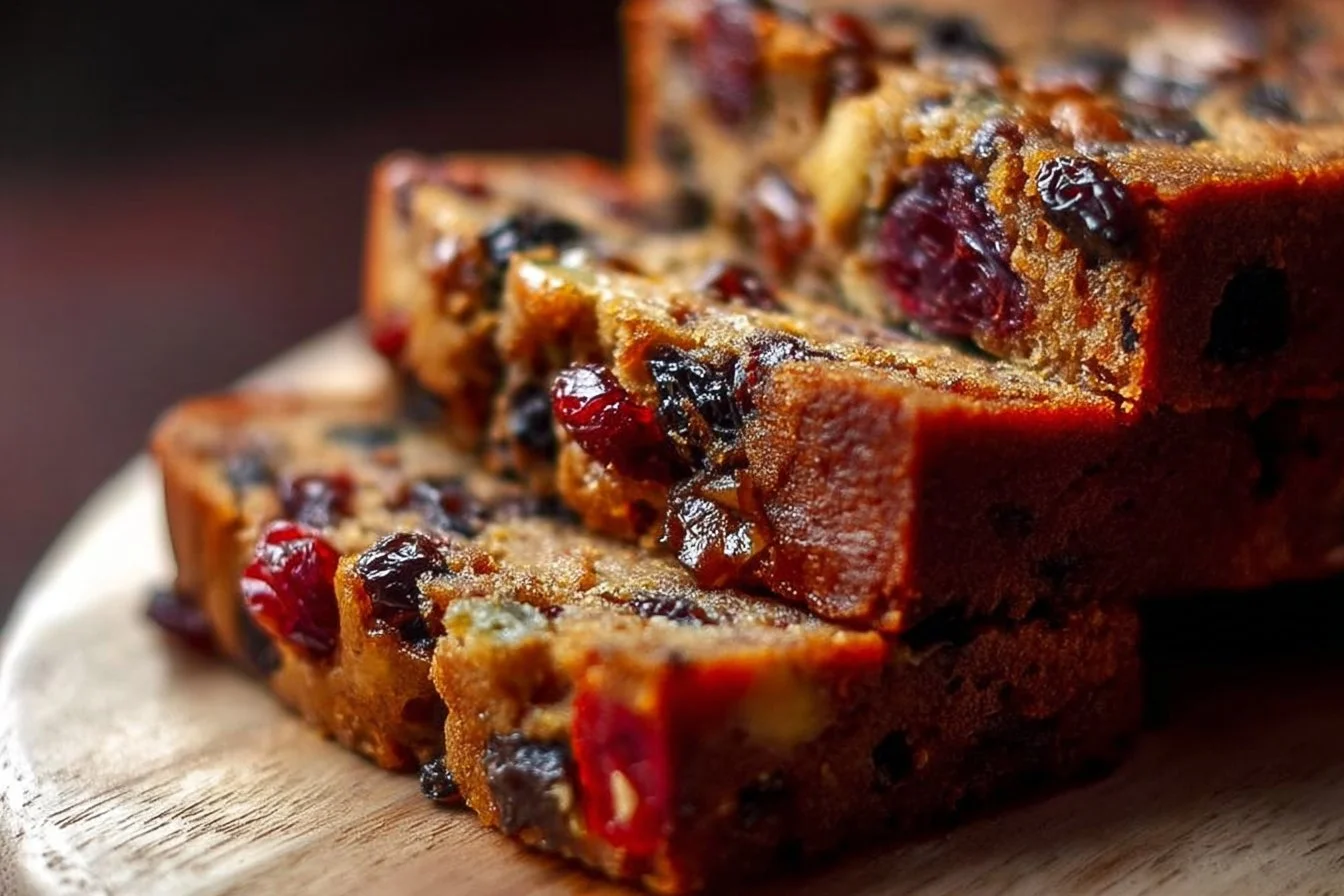 A delicious 3 ingredient fruit cake displayed on a rustic wooden table