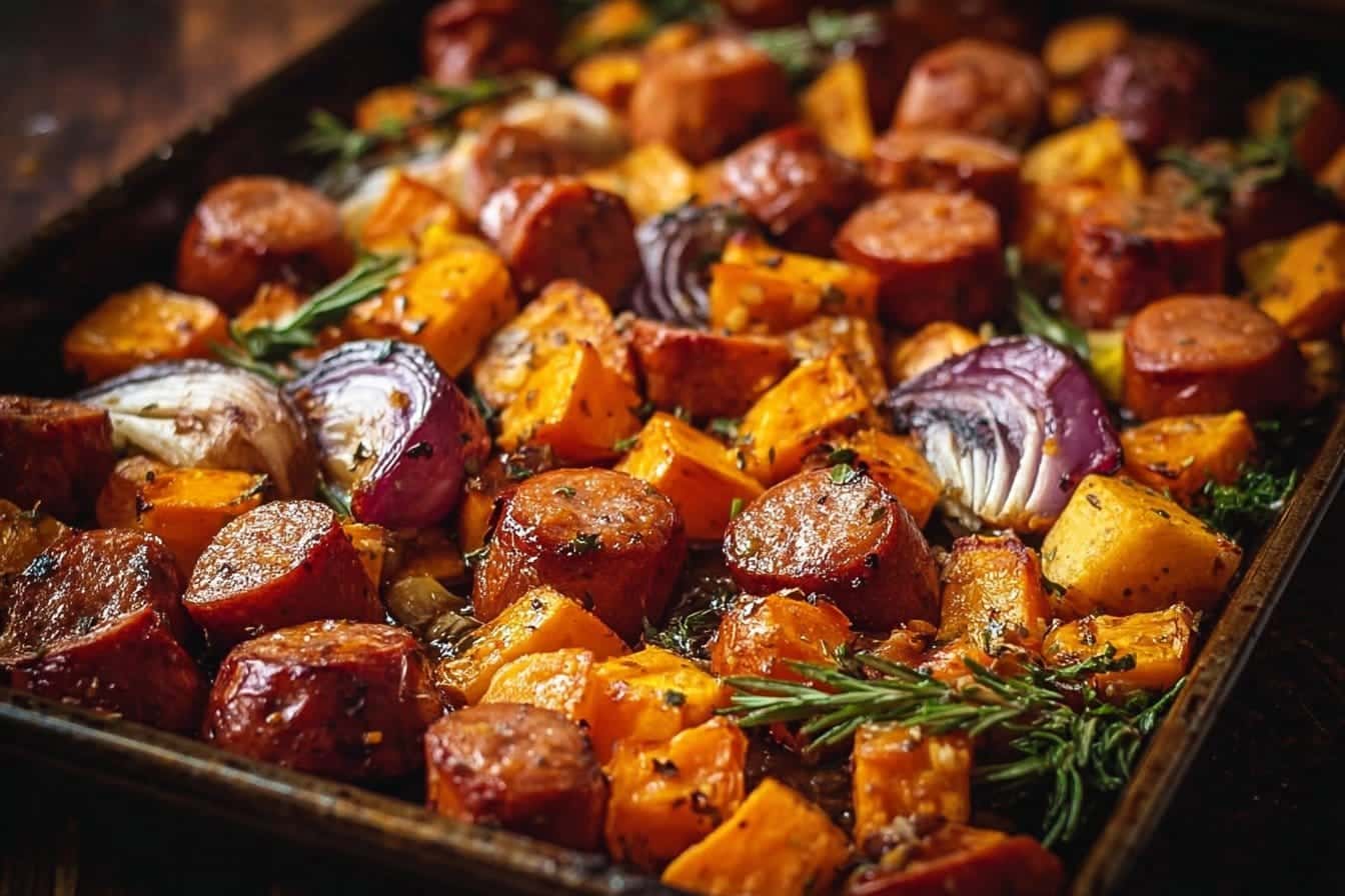 Sheet Pan Sausage and Sweet Potatoes with Honey Garlic Sauce