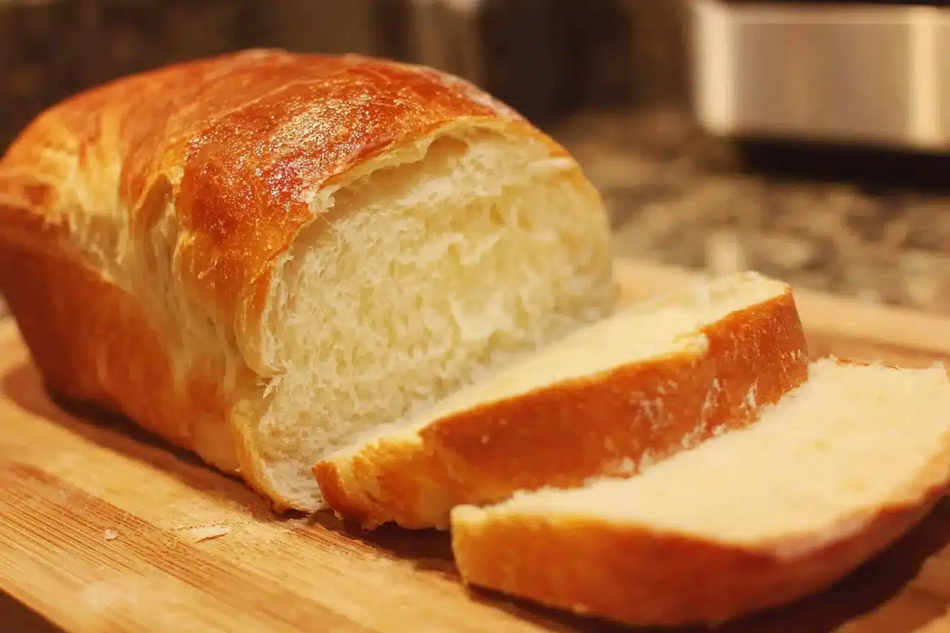Loaf of freshly baked Amish White Bread on a wooden cutting board