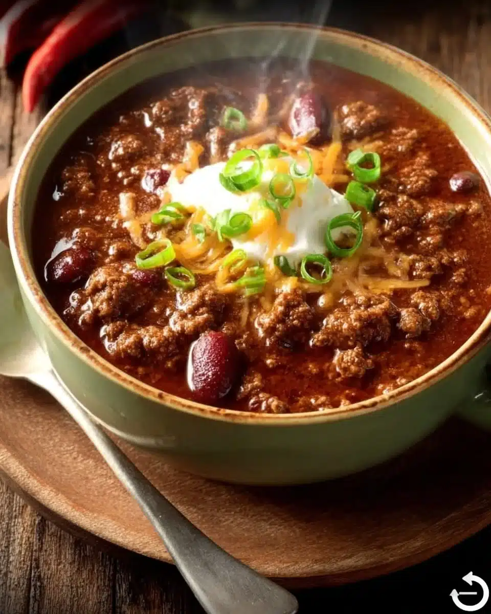 Bowl of award-winning chili topped with herbs and spices