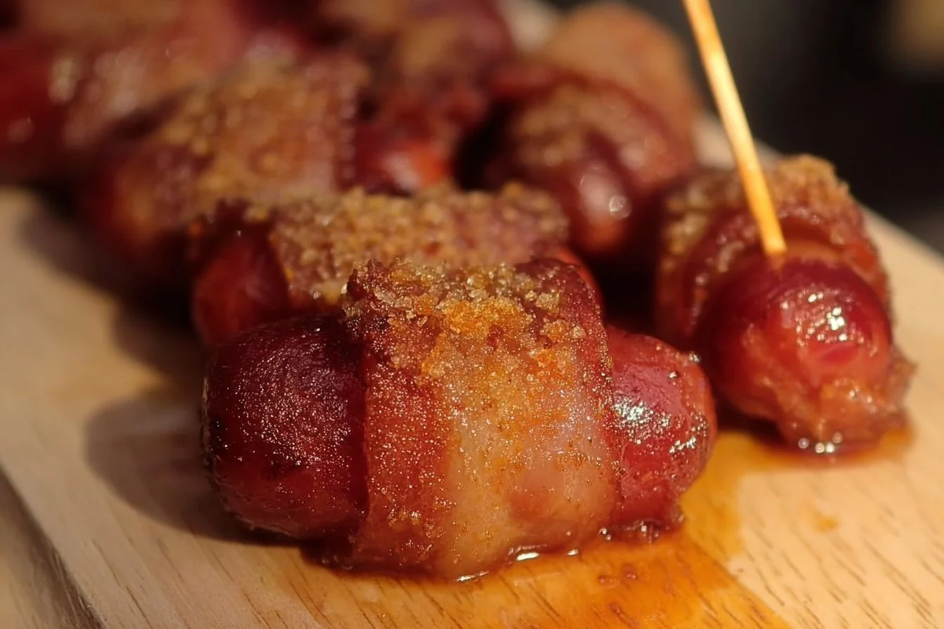 Bacon Wrapped Little Smokies appetizer on a platter