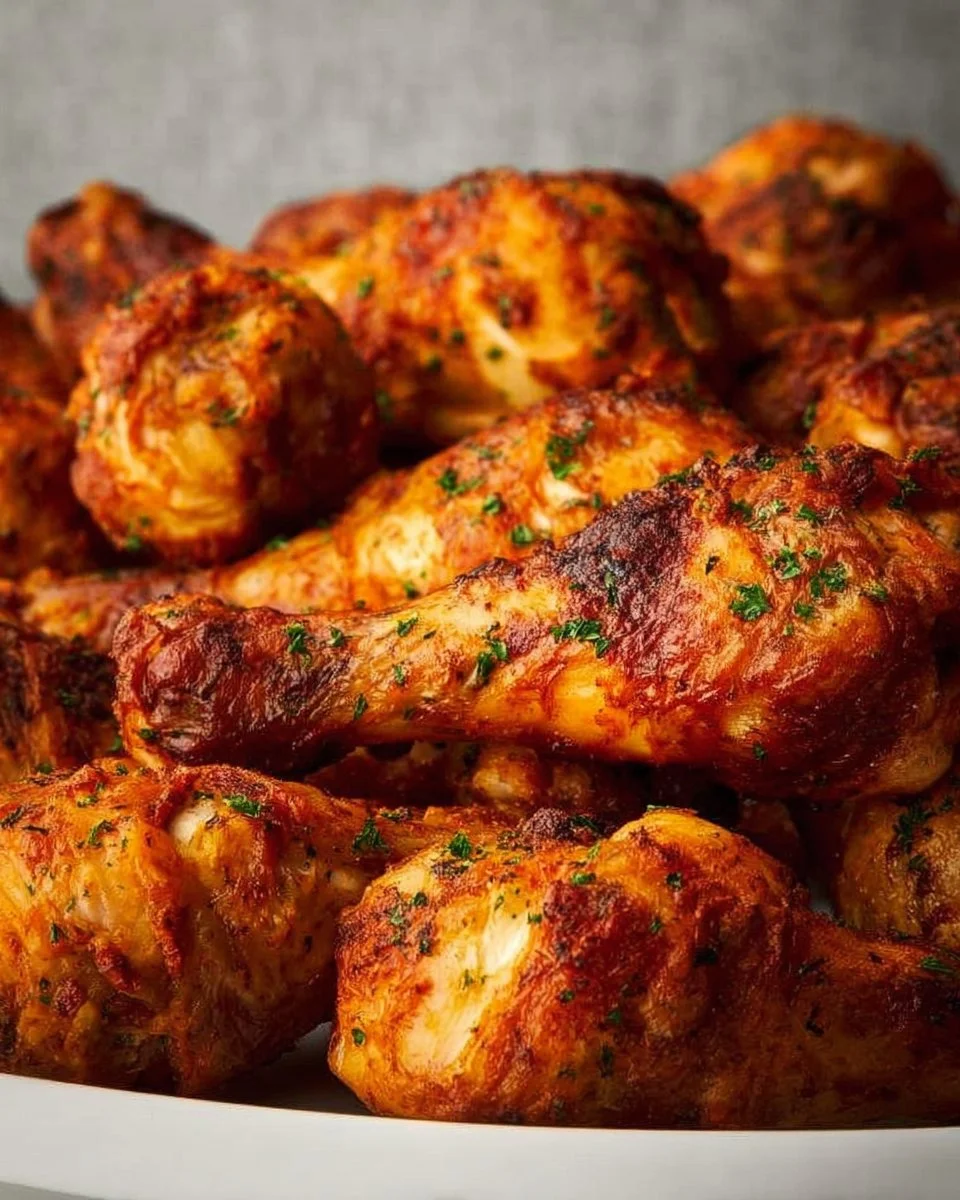 Flavorful baked chicken drumsticks on a plate, garnished with herbs.