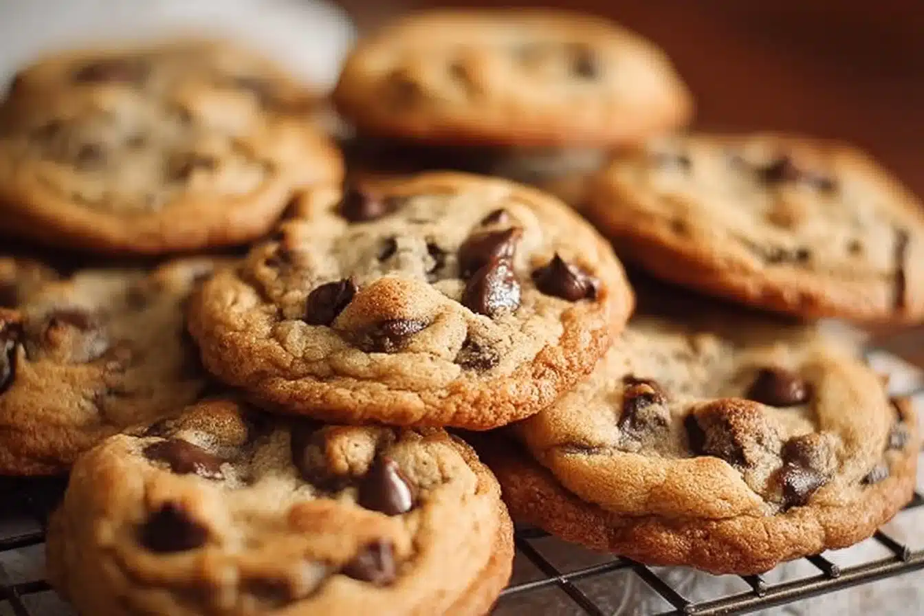 Freshly baked bakery-style chocolate chip cookies with chocolate chunks