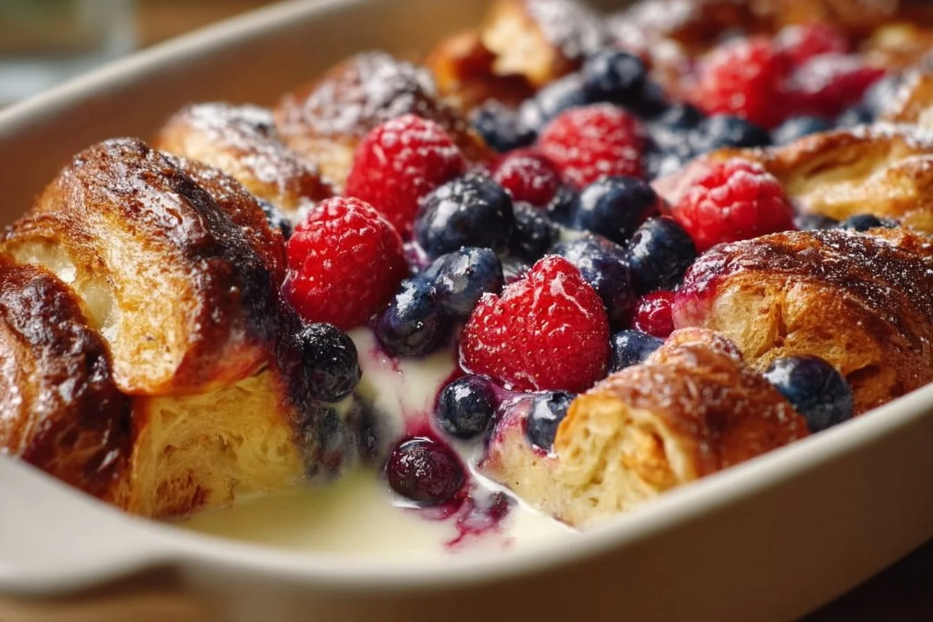 Delicious berry croissant breakfast bake topped with fresh berries