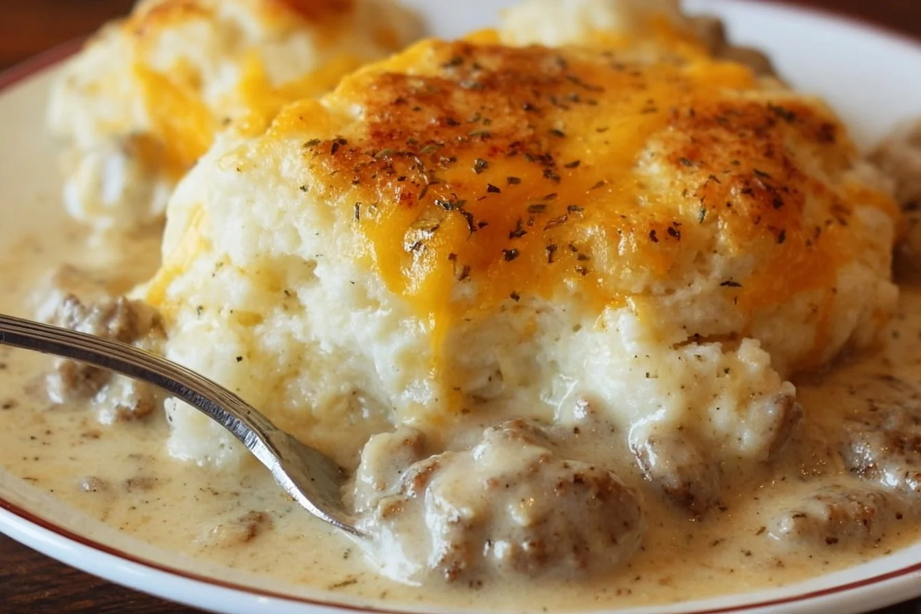 Delicious Biscuits and Gravy Casserole served on a plate