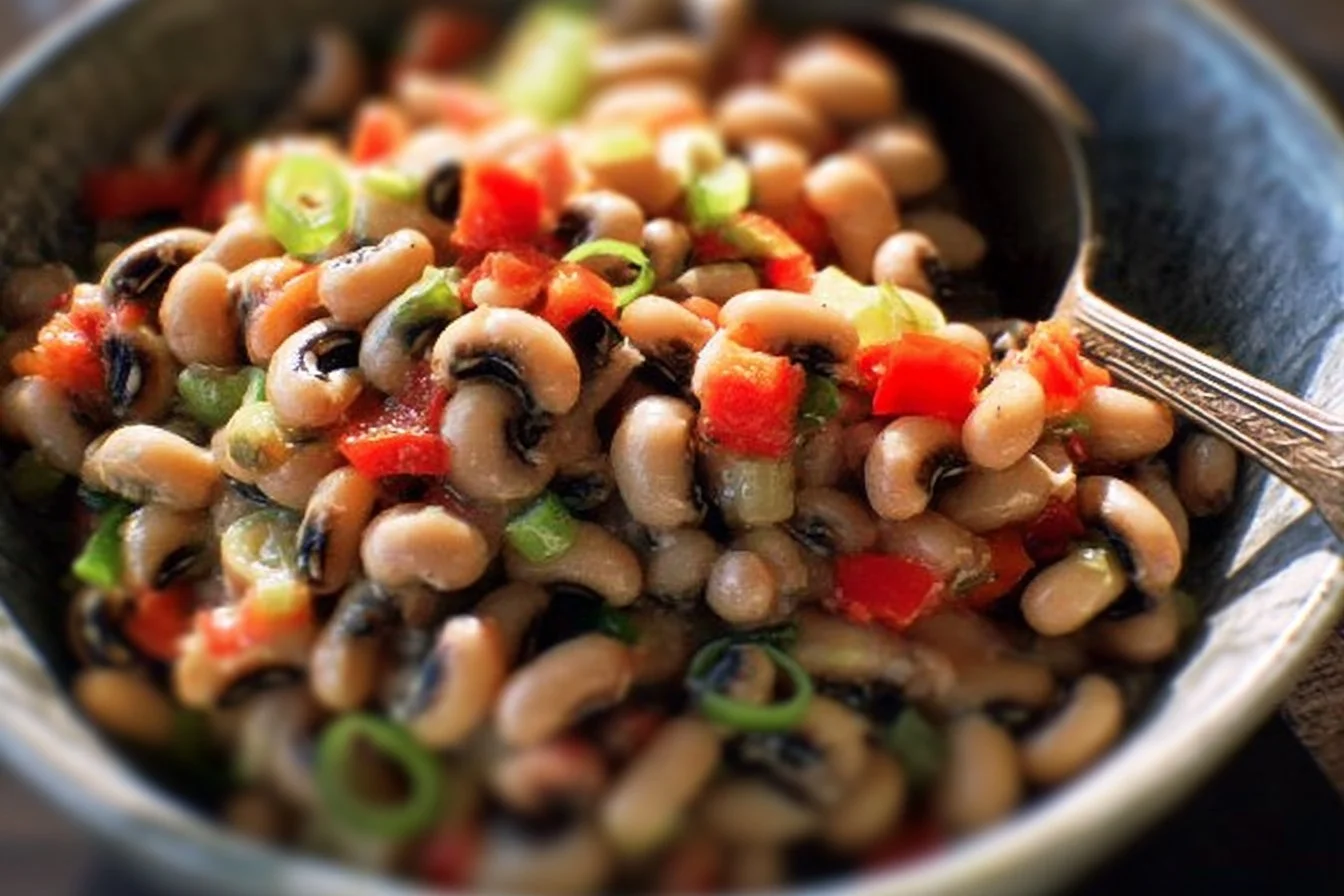 A vibrant Black-Eyed Pea Salad with colorful vegetables and dressing.