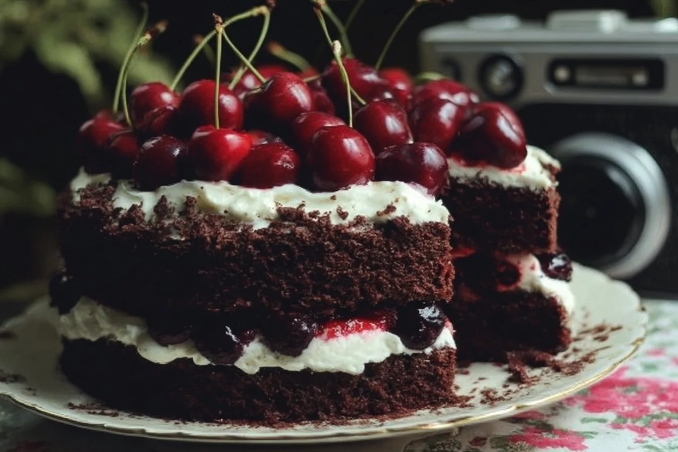 Delicious Black Forest Cake topped with cherries and whipped cream.
