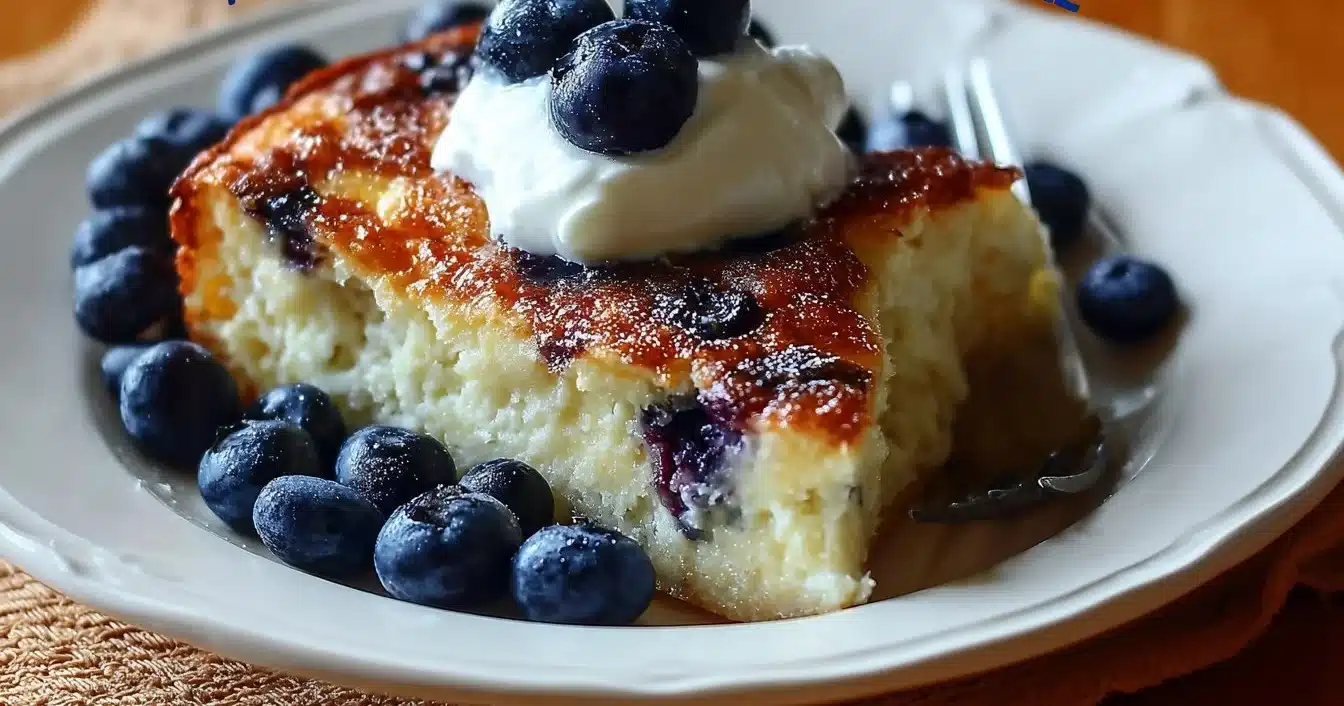 Blueberry Cottage Cheese Breakfast Bake topped with fresh blueberries and oats