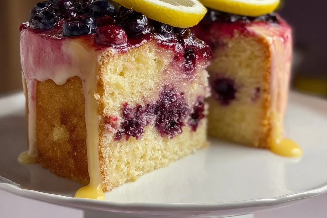 A slice of Blueberry Lemon Curd Cake with blueberries on top.