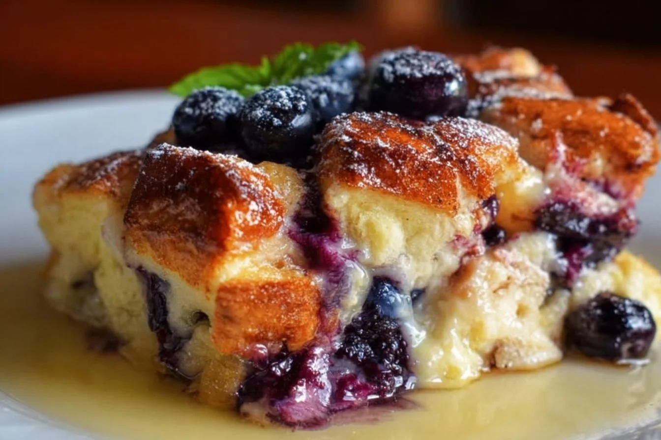 Blueberry Lemon French Toast Casserole served with fresh berries and syrup