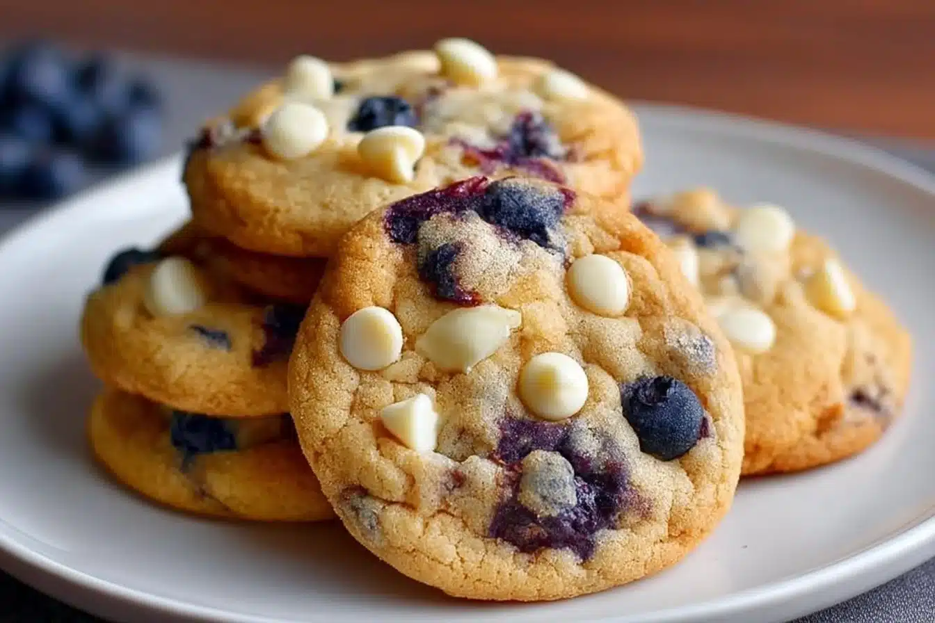 Blueberry white chocolate chip cookies on a baking tray.