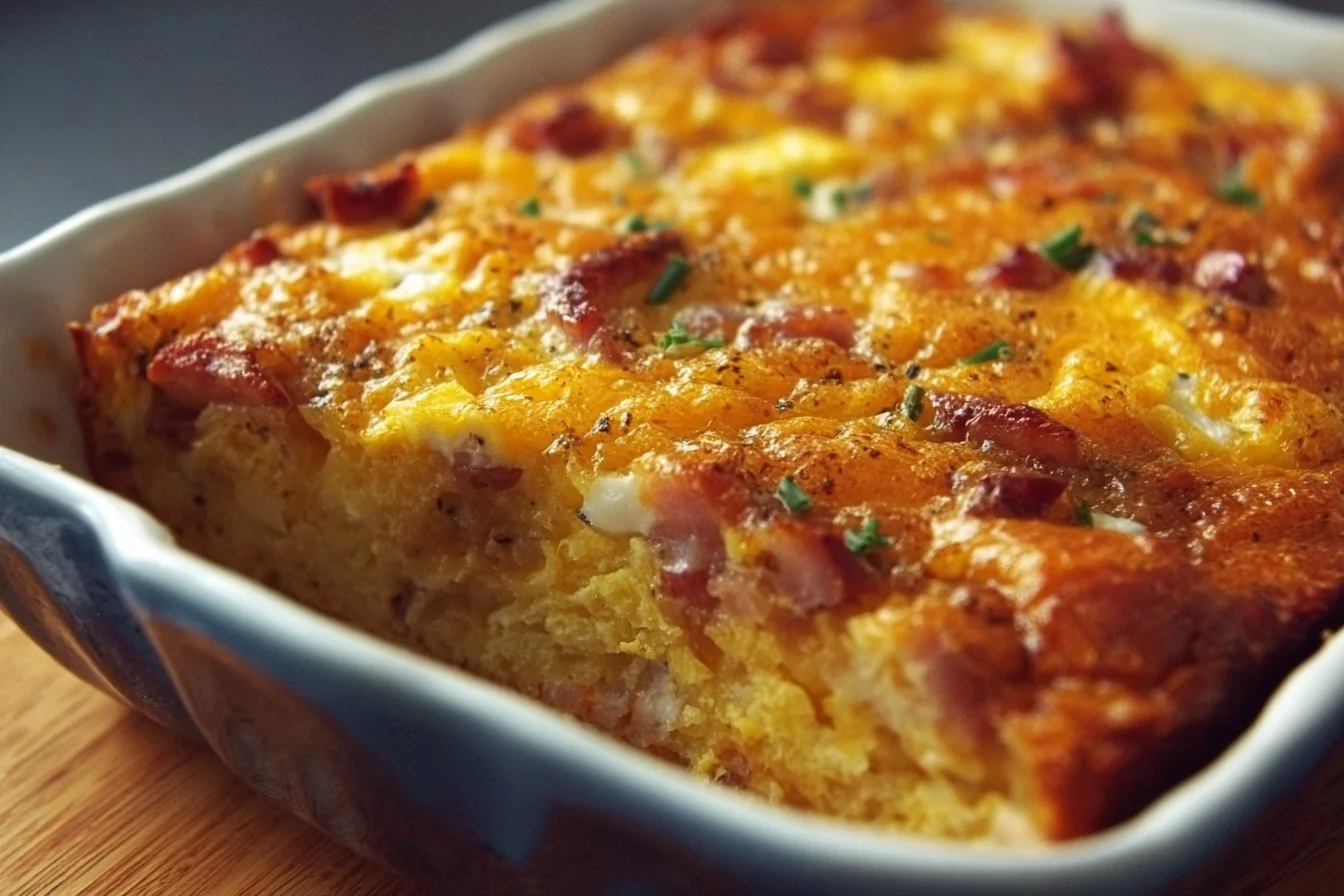 Homemade breakfast casserole served in a baking dish, ready to enjoy.