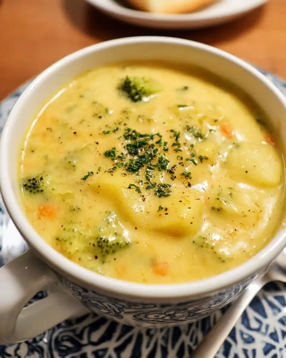 Bowl of Broccoli Potato Cheese Soup garnished with cheese and herbs.