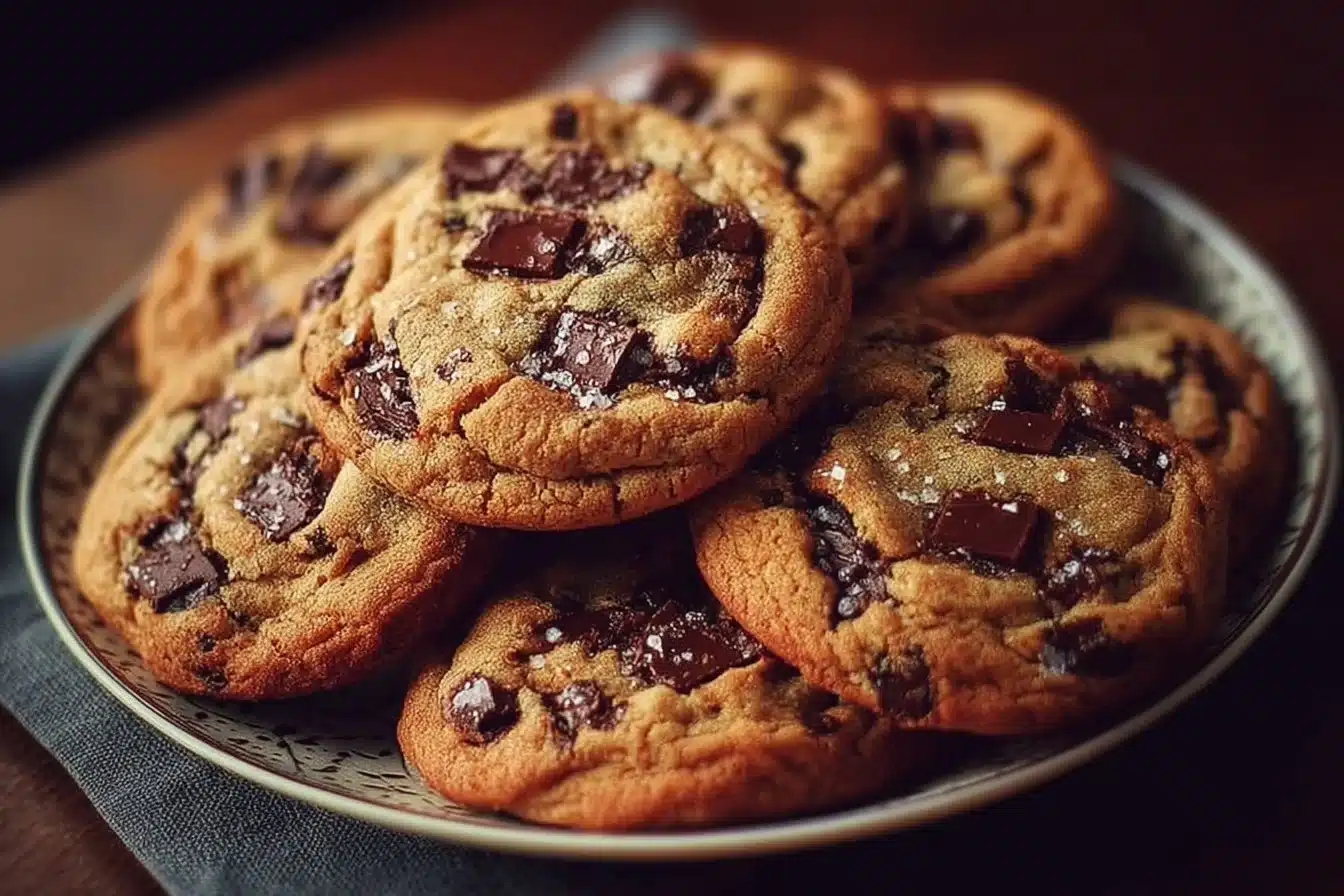 Delicious homemade brown butter chocolate chip cookies on a baking sheet