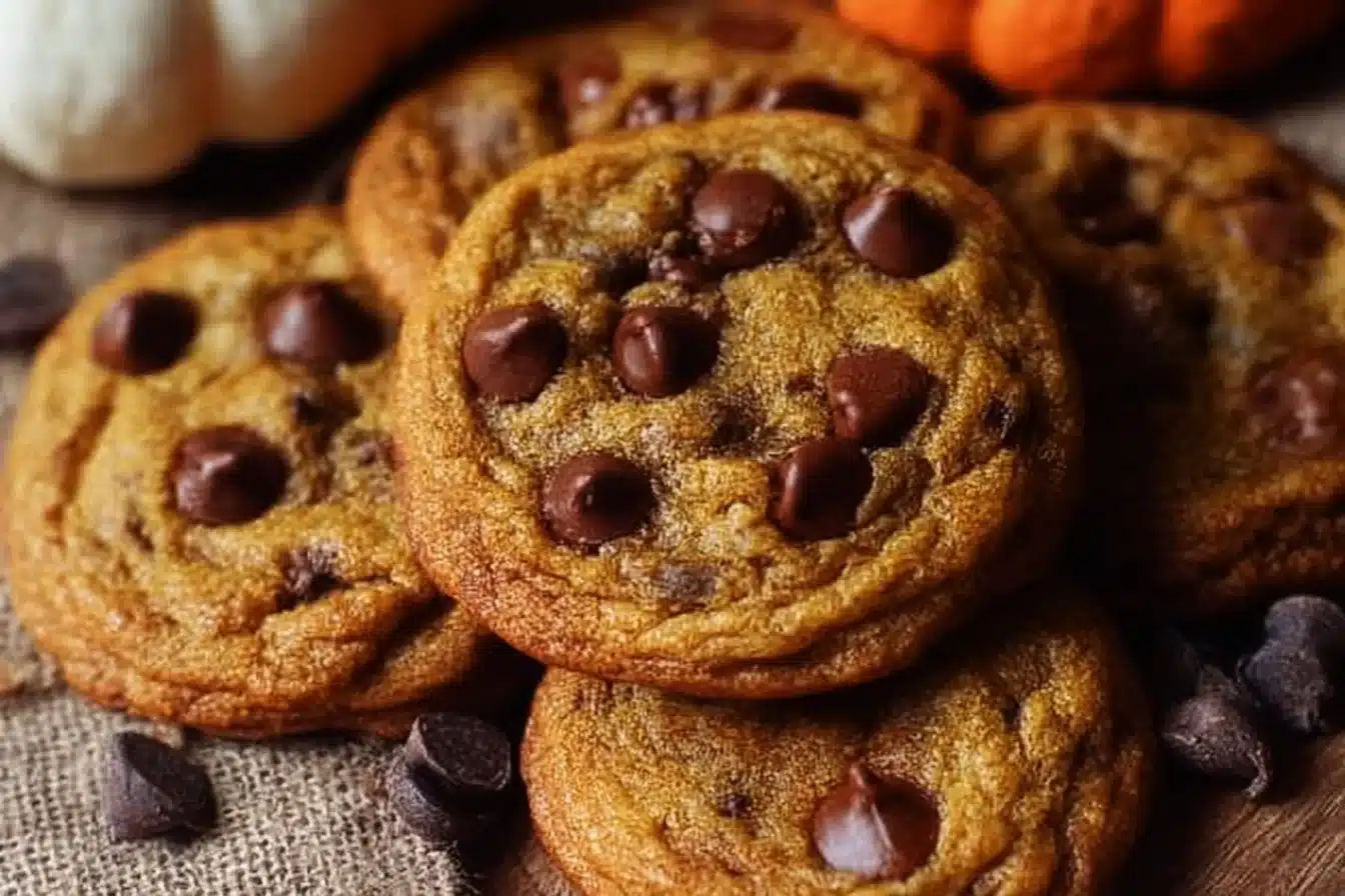 Delicious brown butter pumpkin chocolate chip cookies with chocolate chips