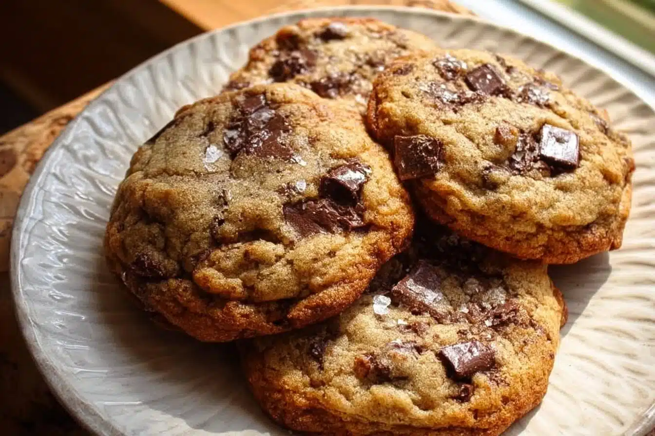 Delicious brown butter sourdough discard chocolate chip cookies on a plate