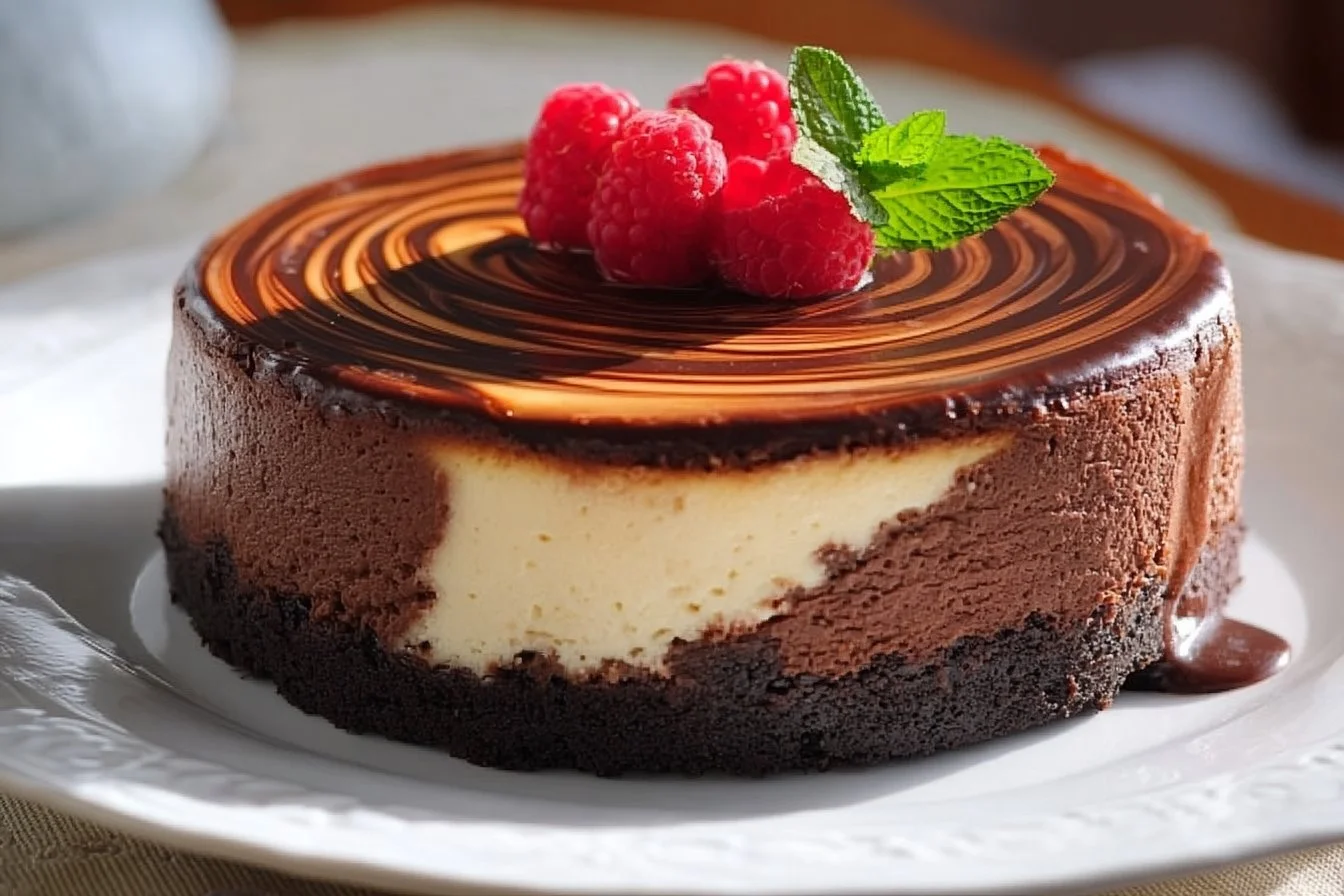 Delicious brownie cheesecake topped with chocolate drizzle and fresh berries