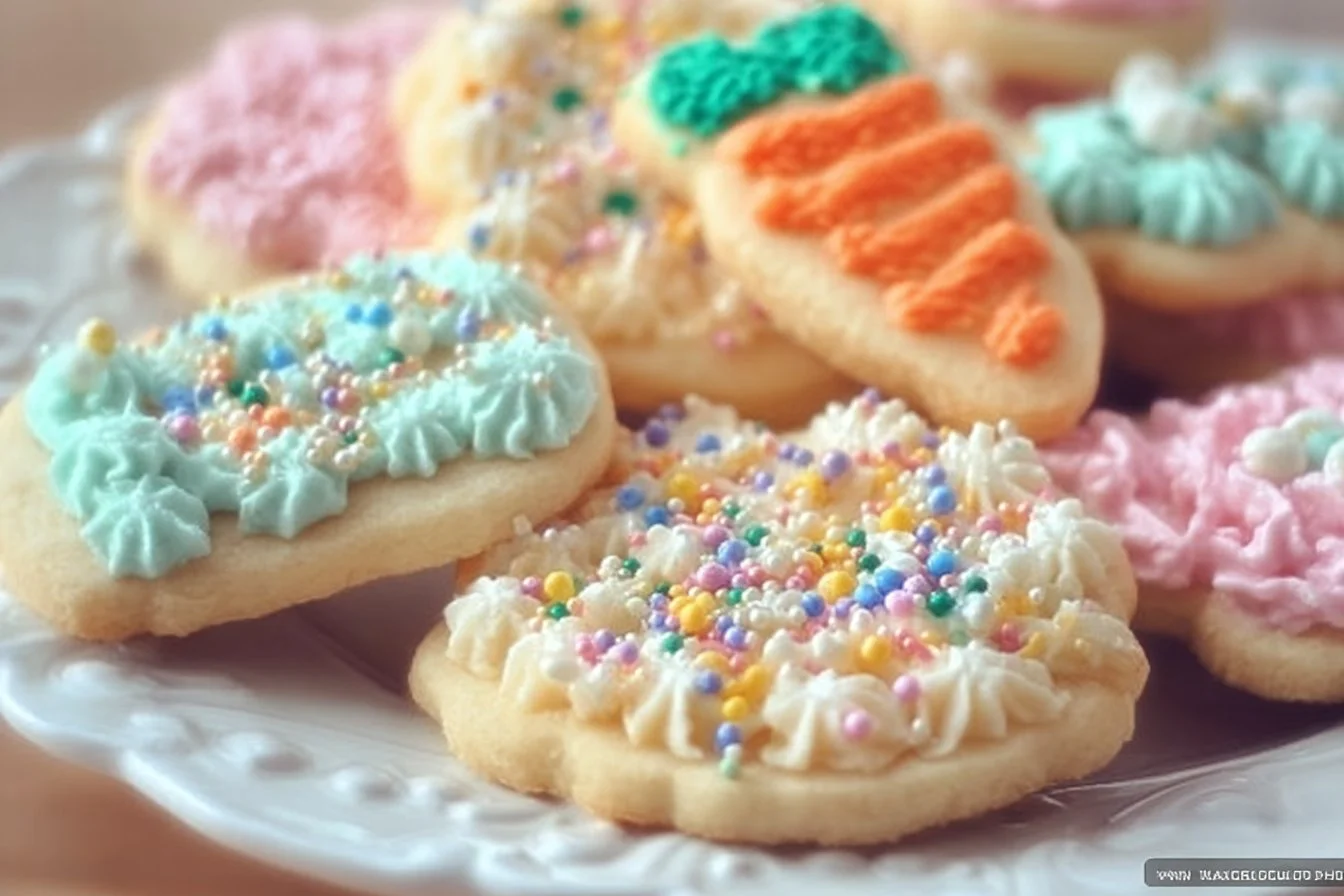 Delicious buttercream sugar cookies decorated with colorful frosting.