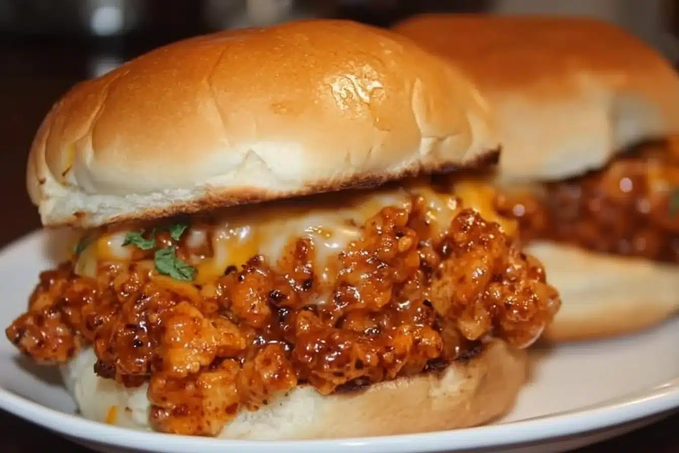 Delicious Cajun Chicken Sloppy Joes with toppings and a side of fries
