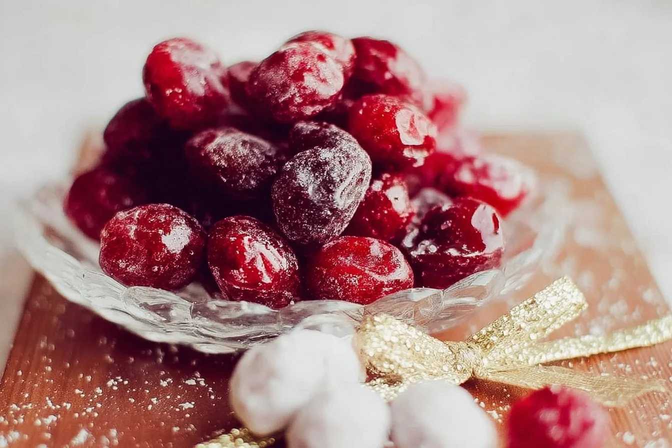 A bowl of homemade candied cranberries garnished with sugar.