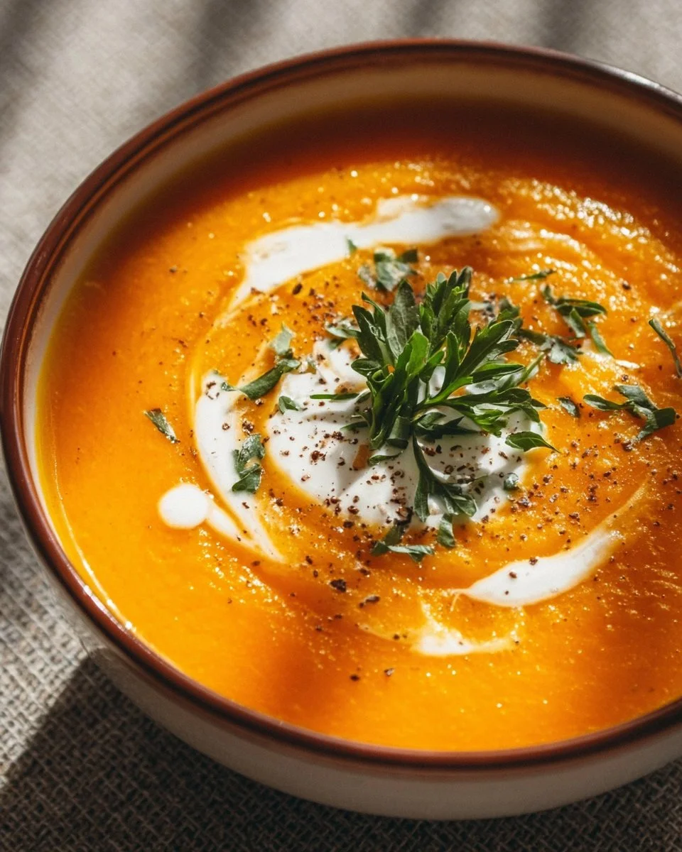 Bowl of vibrant carrot ginger soup garnished with herbs and spices.