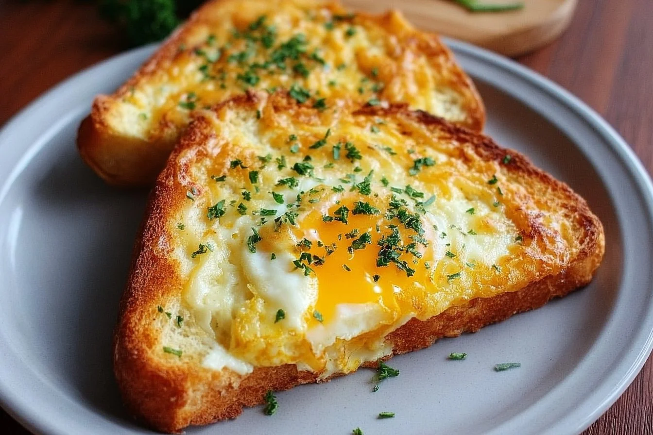 Delicious cheesy egg toast topped with melted cheese and cooked eggs on toasted bread.