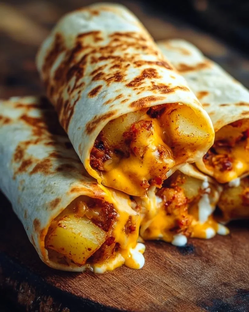 Cheesy potato burritos rolled in a tortilla, perfect for a satisfying meal.