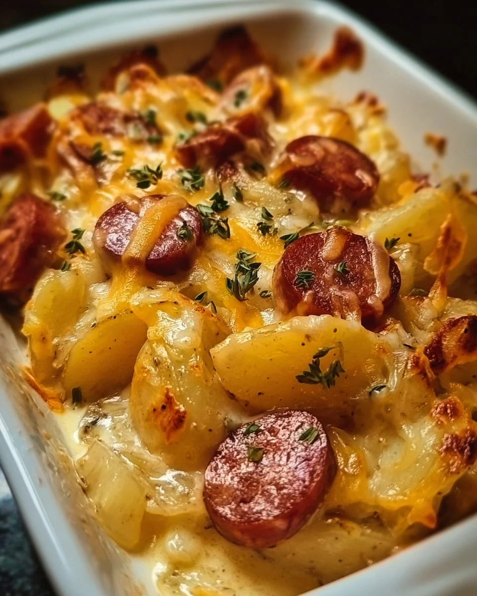 Cheesy ranch potatoes dish with smoked sausage on a plate