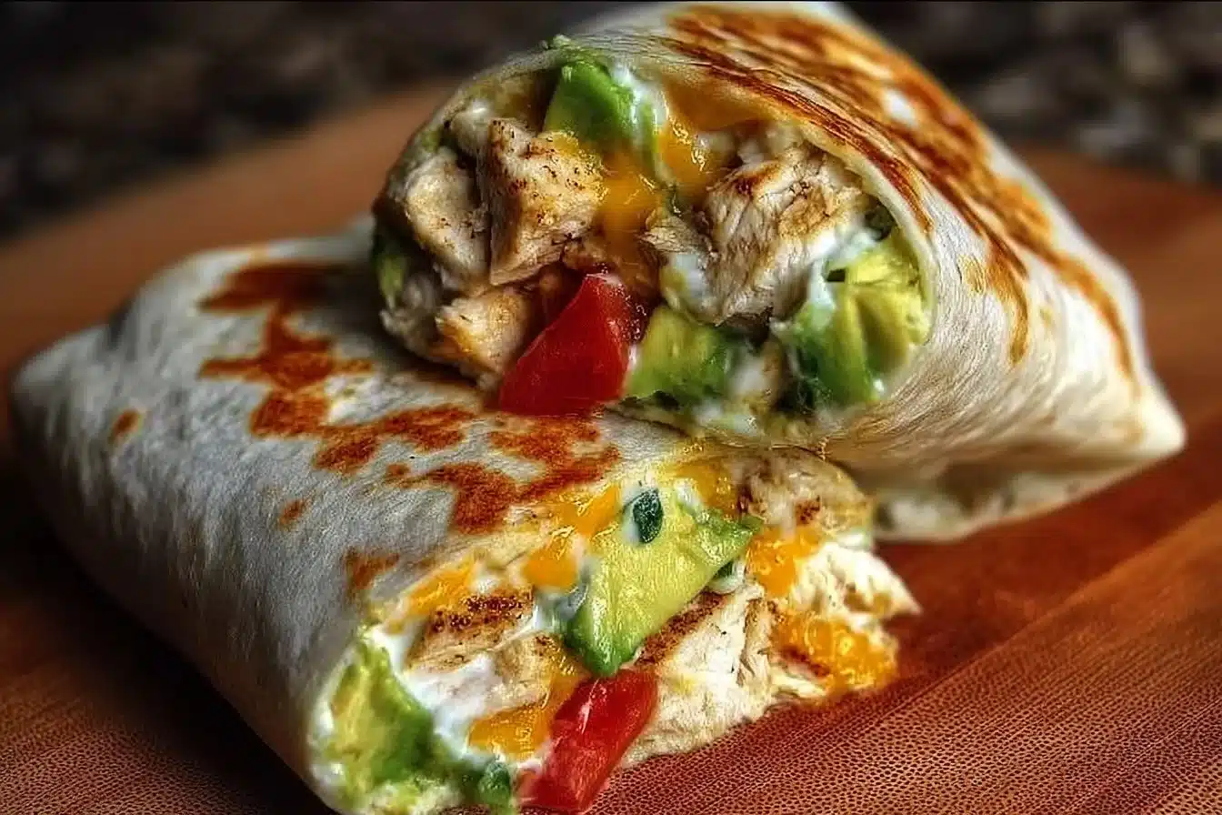 Chicken Avocado Ranch Burritos wrapped in tortilla with fresh toppings