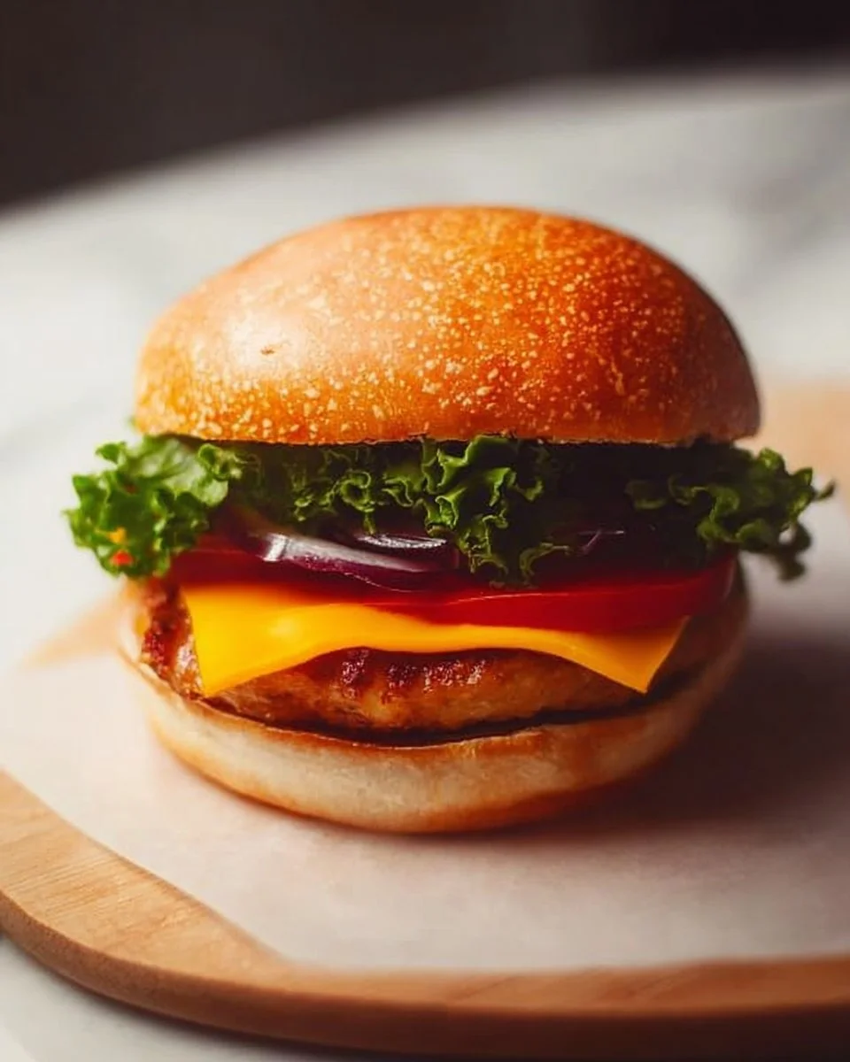 Delicious homemade chicken burgers with fresh ingredients and toppings.