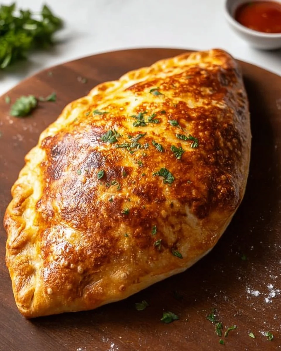 Homemade Chicken Calzone with melted cheese and fresh ingredients