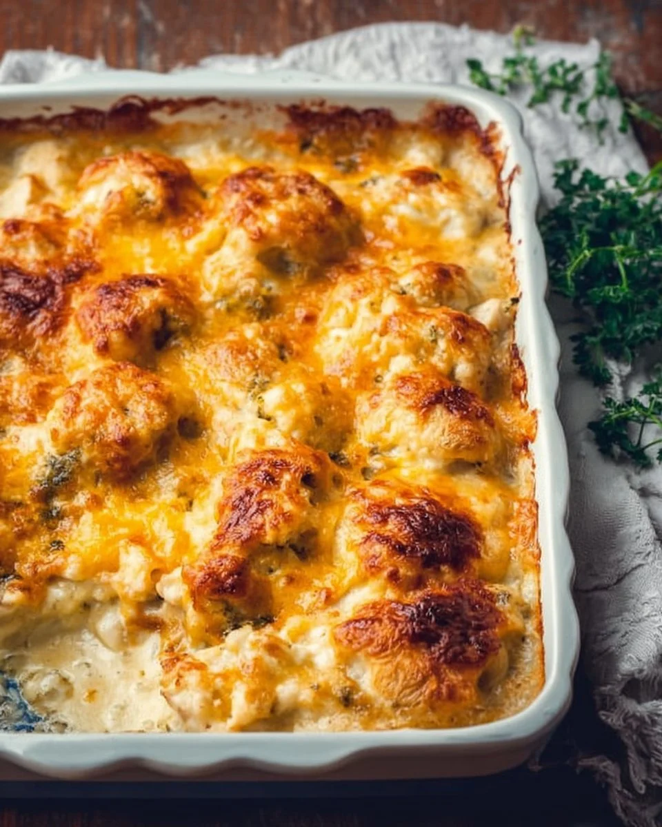 Delicious Chicken Divan with broccoli and cheese sauce served in a casserole dish