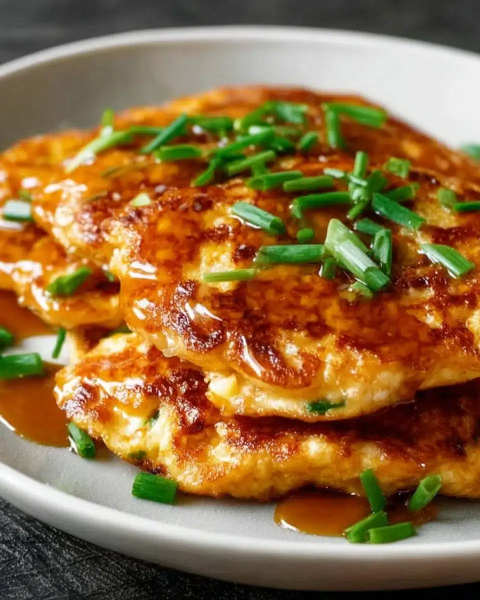 Chicken Egg Foo Young omelet with chicken and vegetables on a plate.