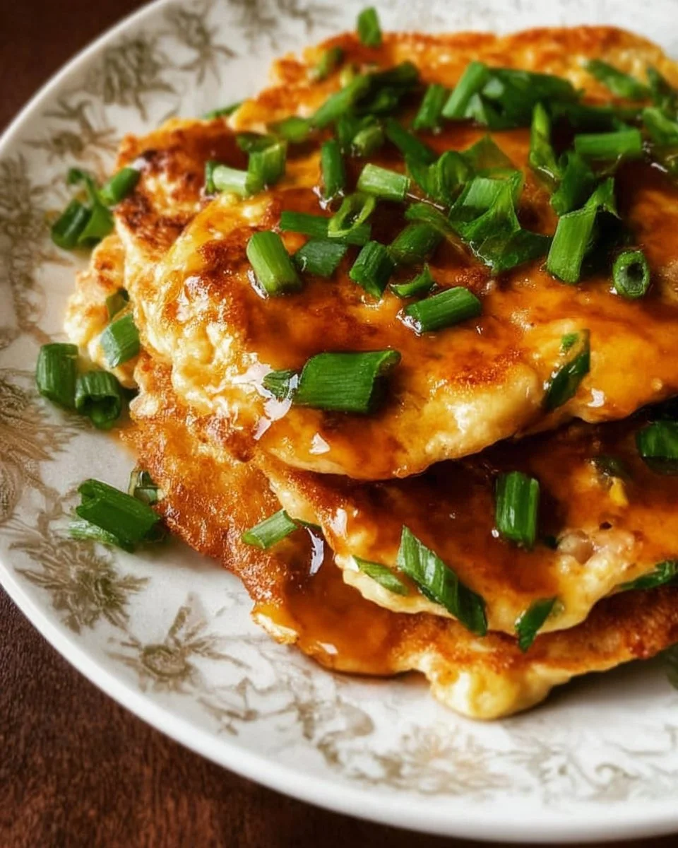Delicious Chicken Egg Foo Young served with vegetables and sauce