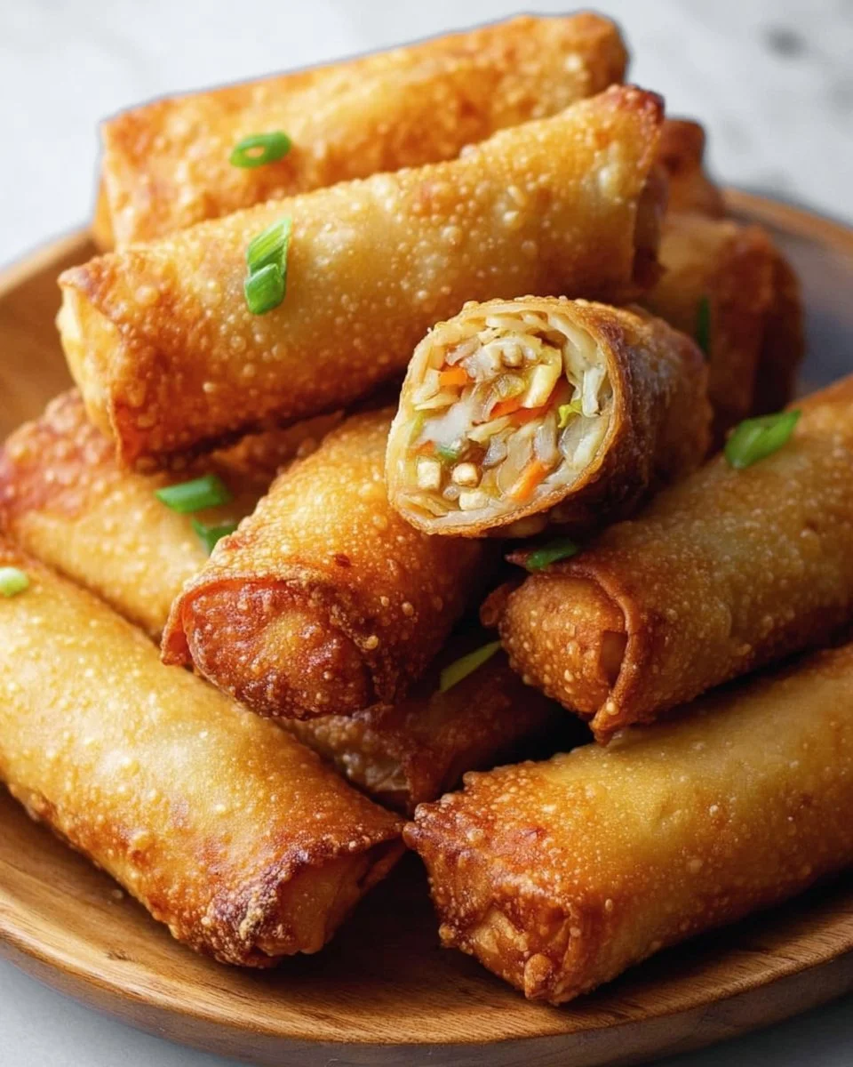 Plate of crispy chicken egg rolls served with dipping sauce