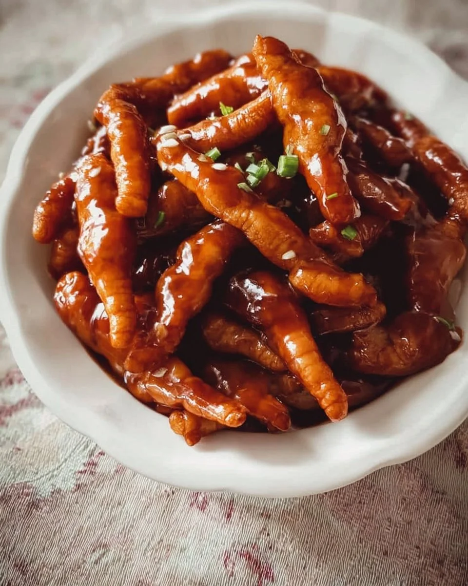 Delicious chicken feet cooked in a rich, flavorful sauce served in a bowl.
